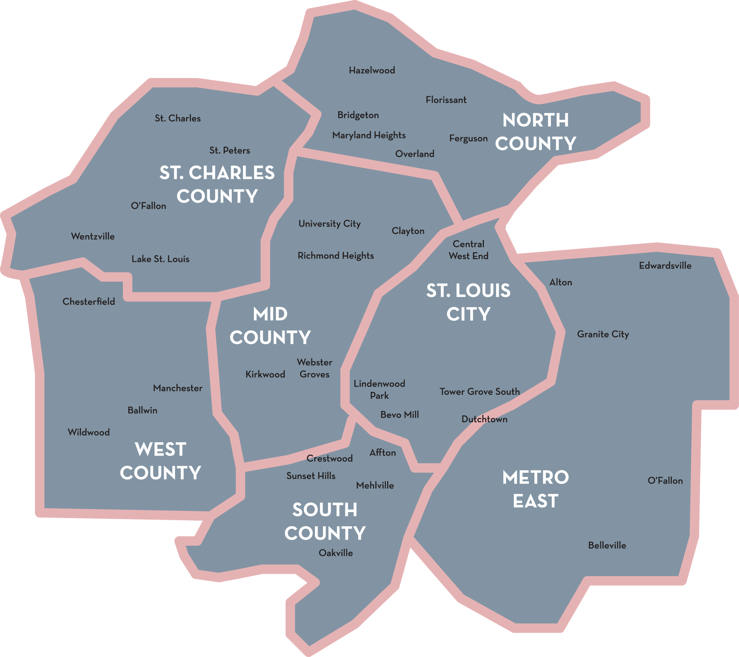 Map of the St. Louis metro area showing Clayton and surrounding neighborhoods we serve